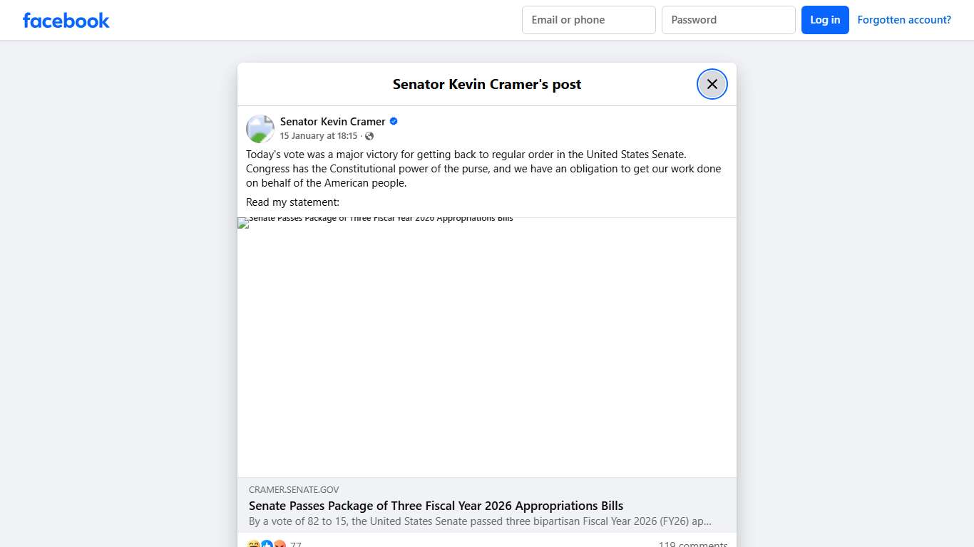 Today's vote was a major victory... - Senator Kevin Cramer Facebook